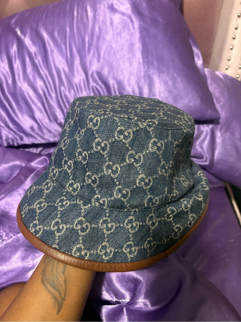 Gucci Blue Denim Monogram Bucket Hat with Brown Trim